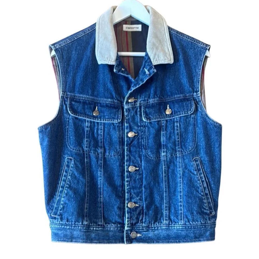 Claiborne Vintage denimโvest flannel lined with corduroy collar small - Picture 2 of 11